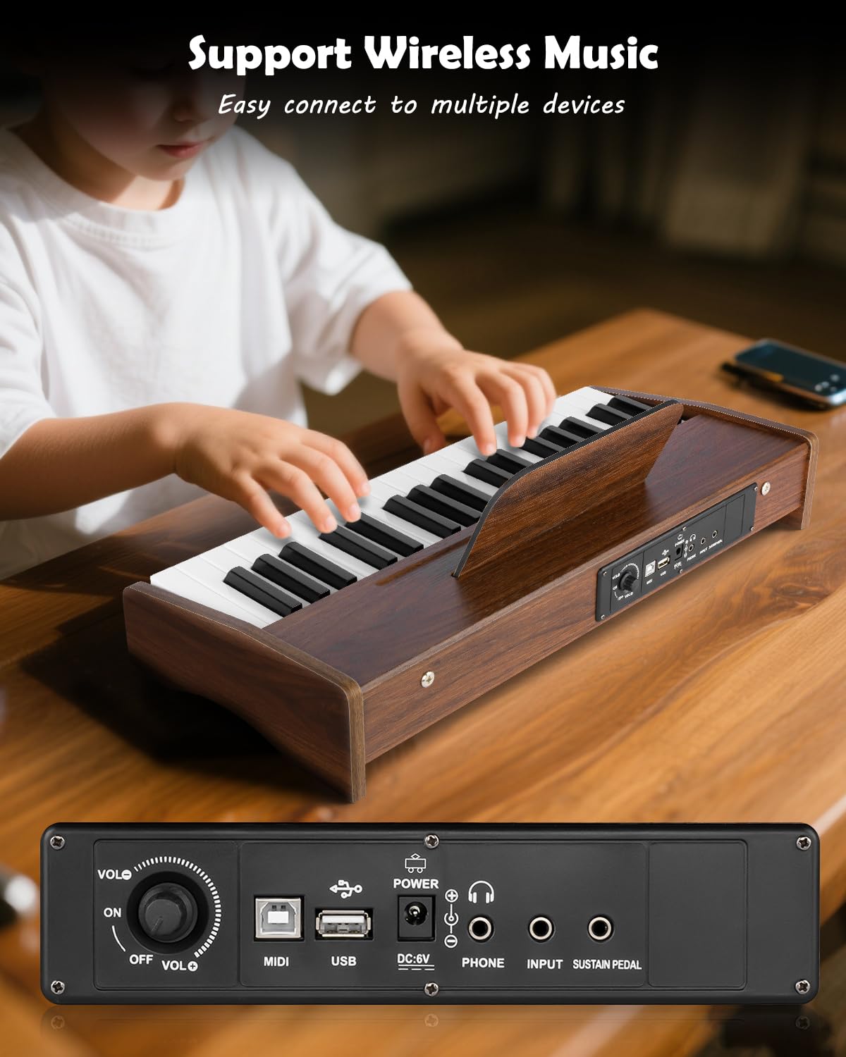 STRICH 37 Keys Kids Piano Keyboard, Mini Digital Piano for Kids, Volume Adjustable, Music Book, Wood Piano for 3+ Girls and Boys, Walnut Color, SEK-37 - Image 4