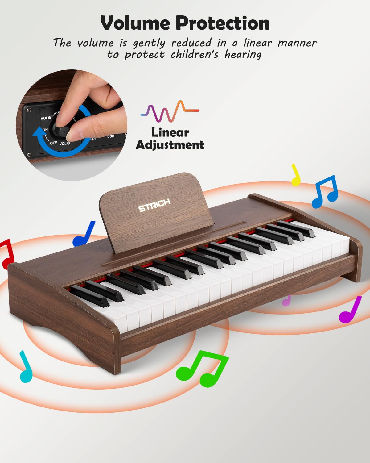 STRICH 37 Keys Kids Piano Keyboard, Mini Digital Piano for Kids, Volume Adjustable, Music Book, Wood Piano for 3+ Girls and Boys, Walnut Color, SEK-37 - Image 5