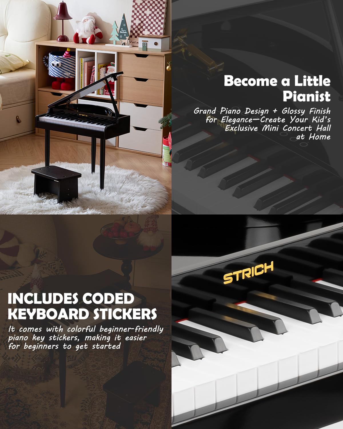 STRICH 37 Keys Kids Piano Keyboard Set, Mini Grand Digital Piano for Kids with Stand Chair, Wood Piano for 3+ Girls and Boys, Classic Black, SEK-60 - Image 3