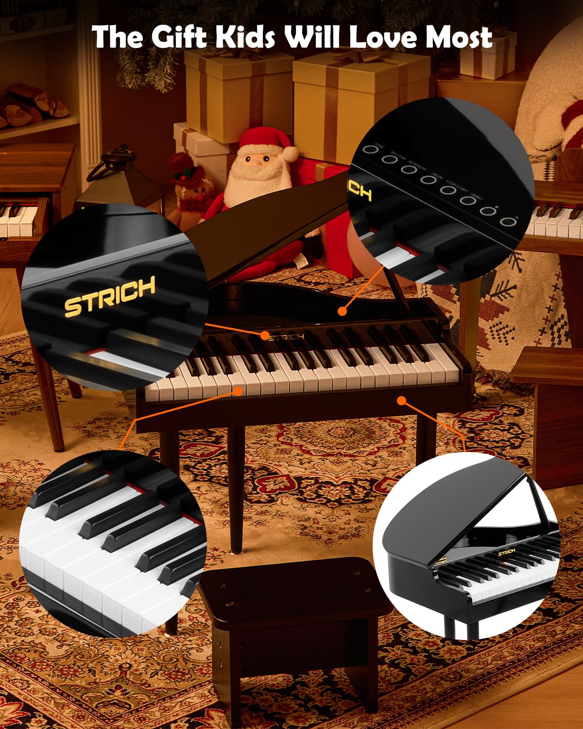 STRICH 37 Keys Kids Piano Keyboard Set, Mini Grand Digital Piano for Kids with Stand Chair, Wood Piano for 3+ Girls and Boys, Classic Black, SEK-60 - Image 9