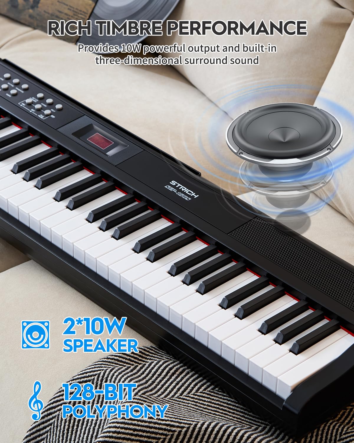 STRICH 88 Key Digital Piano Full Size Electric Keyboard with Semi-Weighted Sensitive Keys, Portable Electric Piano Set for Beginner, Bundle with Sustain Pedal, Headphones, Music Rest, SEP-150S - Image 3