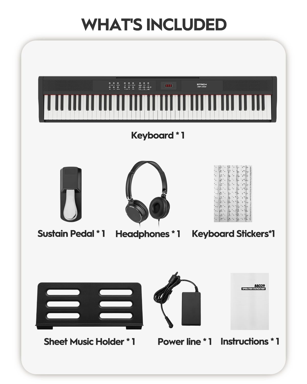 STRICH 88 Key Digital Piano Full Size Electric Keyboard with Semi-Weighted Sensitive Keys, Portable Electric Piano Set for Beginner, Bundle with Sustain Pedal, Headphones, Music Rest, SEP-150S - Image 6