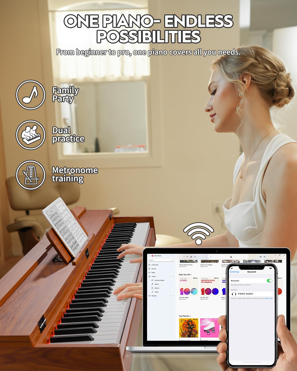 STRICH 88 Key Digital Piano, Hammer-Action Weighted Keyboard, Full Size Desk Cover Electric Piano Keyboard with Stand, 25Wx2 Speakers, Headphones, Three Pedal, SDP-350S(Color Mahogany) - Image 4