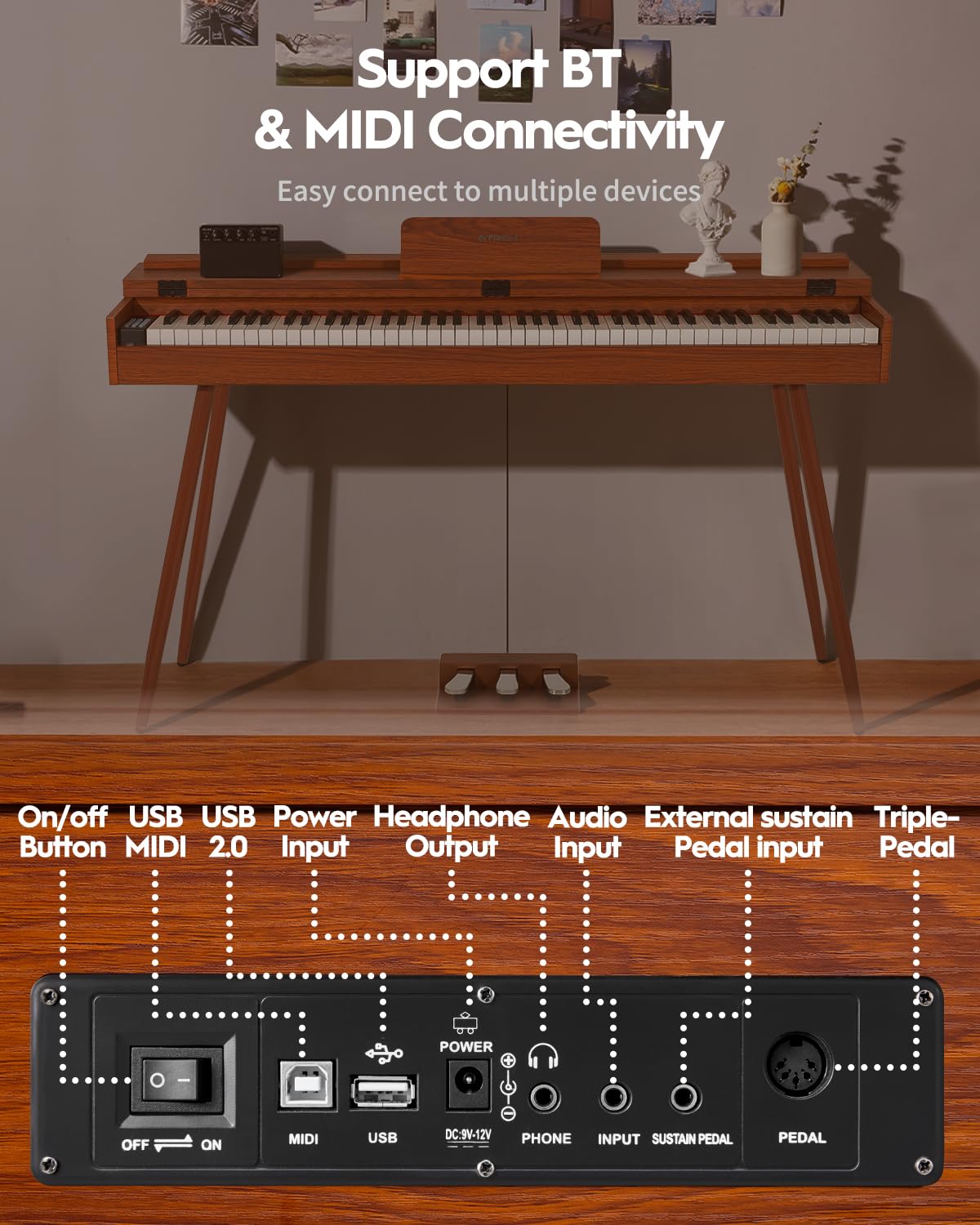 STRICH 88 Key Digital Piano, Hammer-Action Weighted Keyboard, Full Size Desk Cover Electric Piano Keyboard with Stand, 25Wx2 Speakers, Headphones, Three Pedal, SDP-350S(Color Mahogany) - Image 6