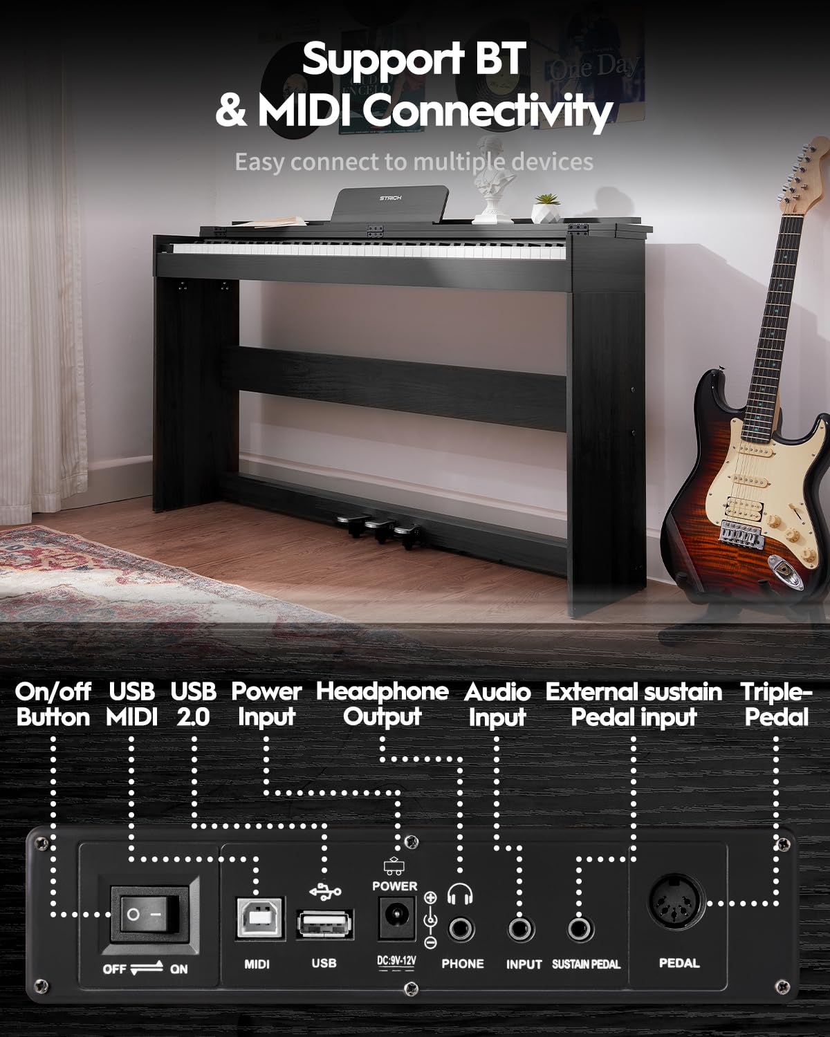 STRICH 88 Keys Digital Piano, Hammer-Action Fully Weighted Keyboard, Cover Designed Electric Piano Keyboard with Furniture Stand, Headphones, Three Pedal, Classic Black, SDP-350W - Image 5