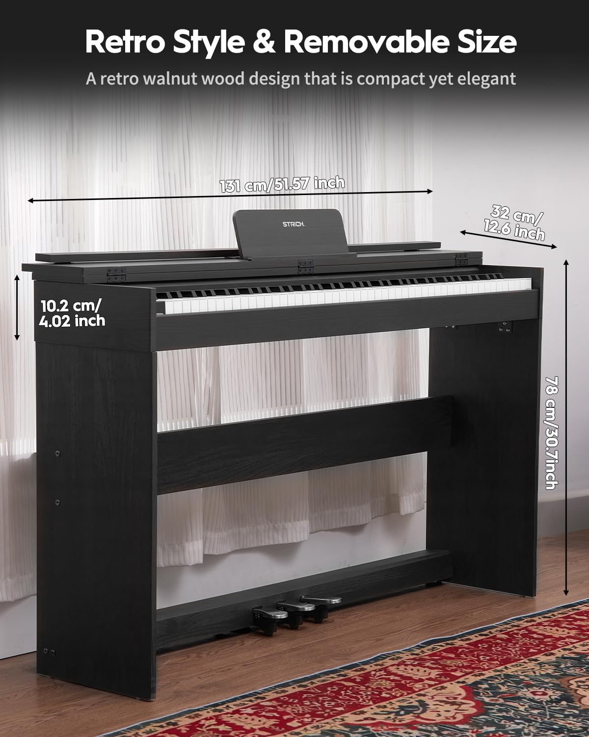 STRICH 88 Keys Digital Piano, Hammer-Action Fully Weighted Keyboard, Cover Designed Electric Piano Keyboard with Furniture Stand, Headphones, Three Pedal, Classic Black, SDP-350W - Image 7