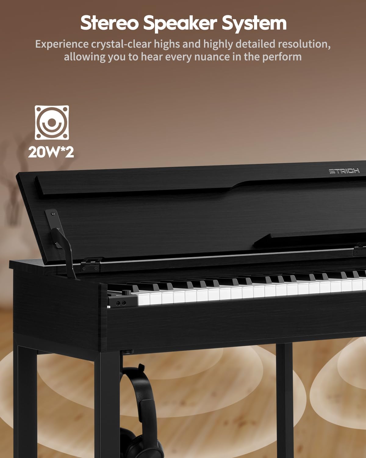 STRICH 88 Keys Digital Piano, Hammer-Action Fully Weighted Keyboard, Cover Designed Electric Piano Keyboard with Furniture Stand, Headphones, Three Pedal, Classic Black, SDP-500 - Image 7