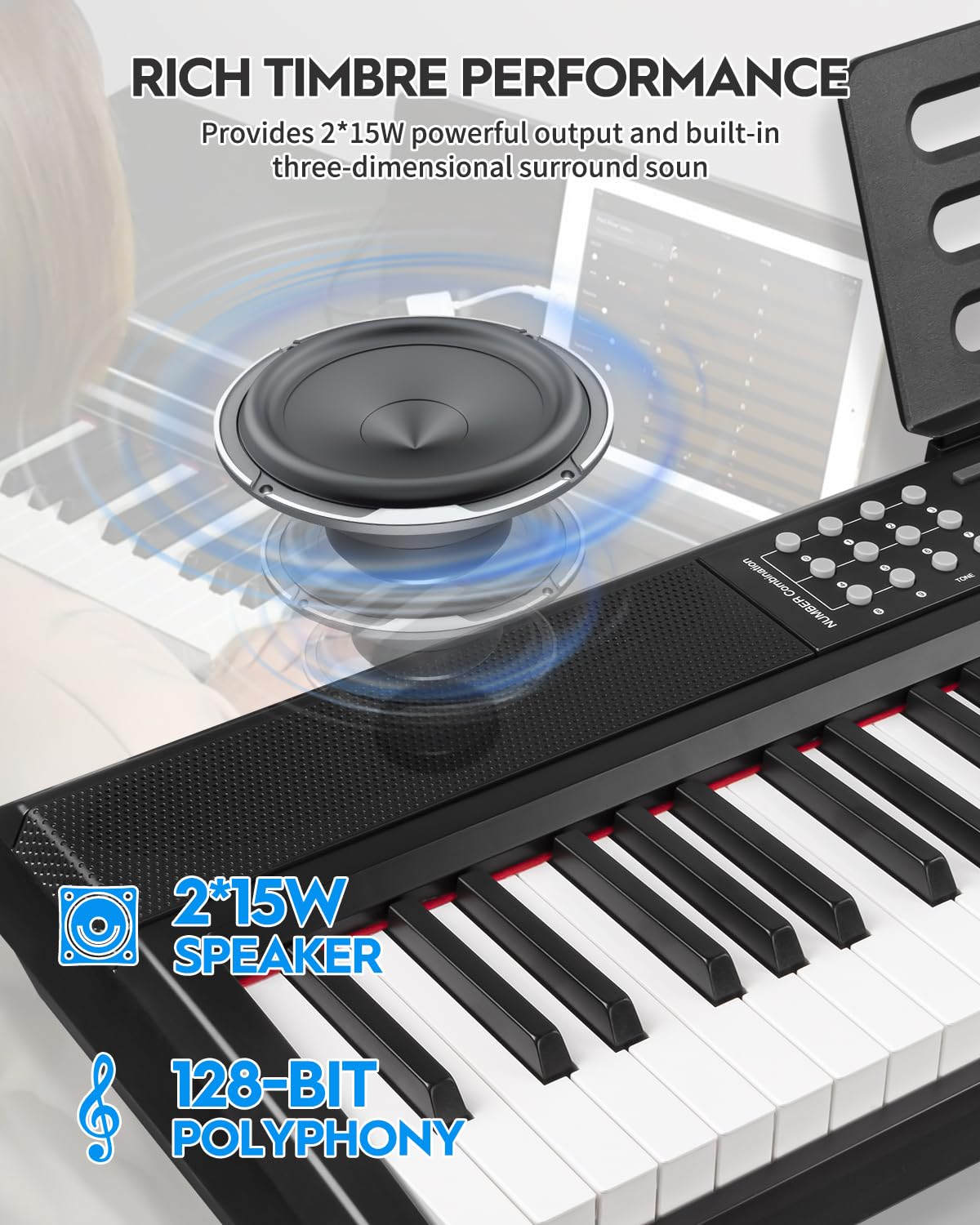 STRICH 88 Keys Weighted Keyboard with Sustain Pedal, Hammer-Action Digital Piano, 2x15W Built-In Speakers, Full-size Electric Piano Keyboard Supports USB-MIDI/Wireless Connect, SDP-120 - Image 3