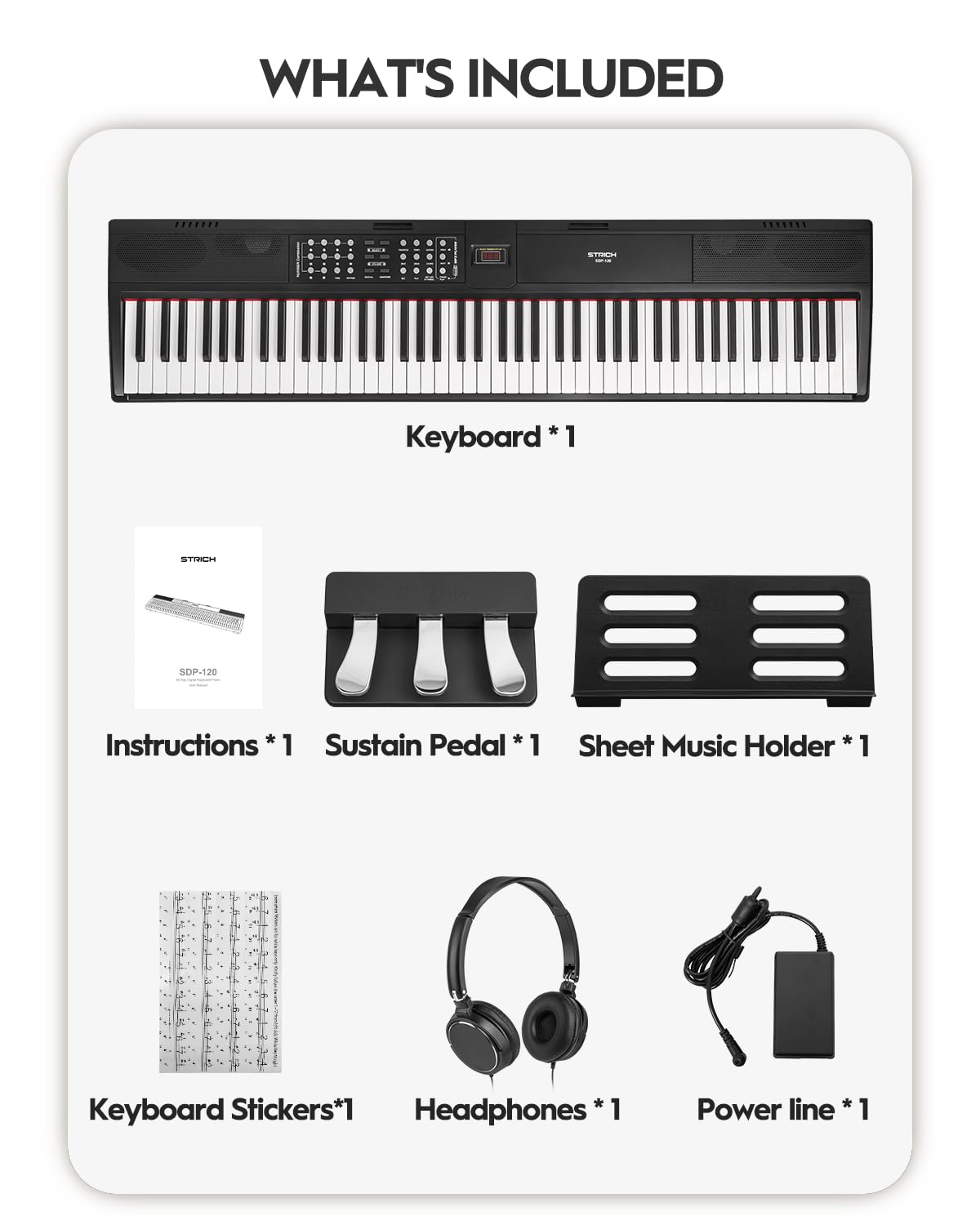 STRICH 88 Keys Weighted Keyboard with Sustain Pedal, Hammer-Action Digital Piano, 2x15W Built-In Speakers, Full-size Electric Piano Keyboard Supports USB-MIDI/Wireless Connect, SDP-120 - Image 7