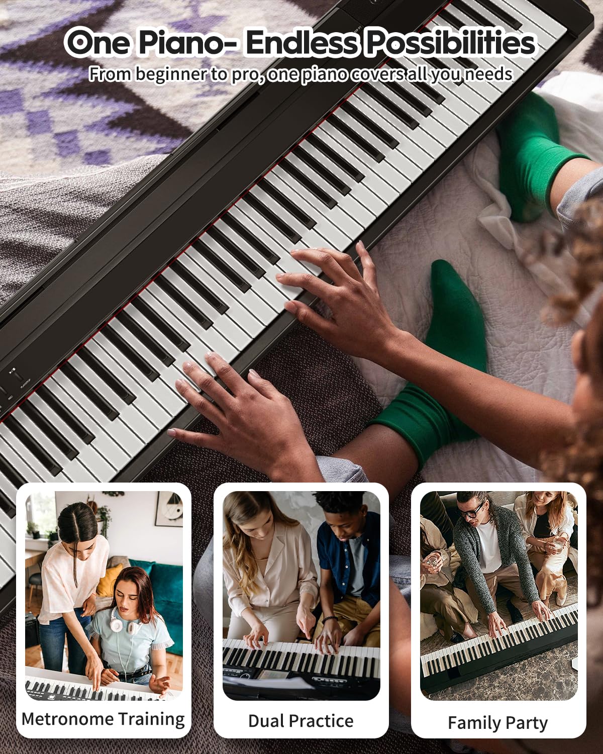 STRICH Digital Piano 88 Key Full Size Weighted Keyboard, Hammer-Action Portable Electric Piano For Beginner Adults, Bundle With Sustain Pedal, Piano Stickers, Music Rest, Black, SDP-P7 - Image 8