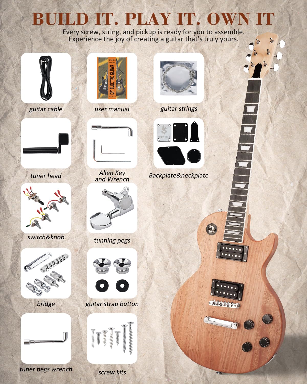 STRICH DIY Electric Guitar Kit, LP Style Mahogany Body & Maple Neck Guitar with HH Pickups, Easy to Assemble Kit with All Parts Included – Build Your Own Electric Guitar SLP-D30 - Image 3