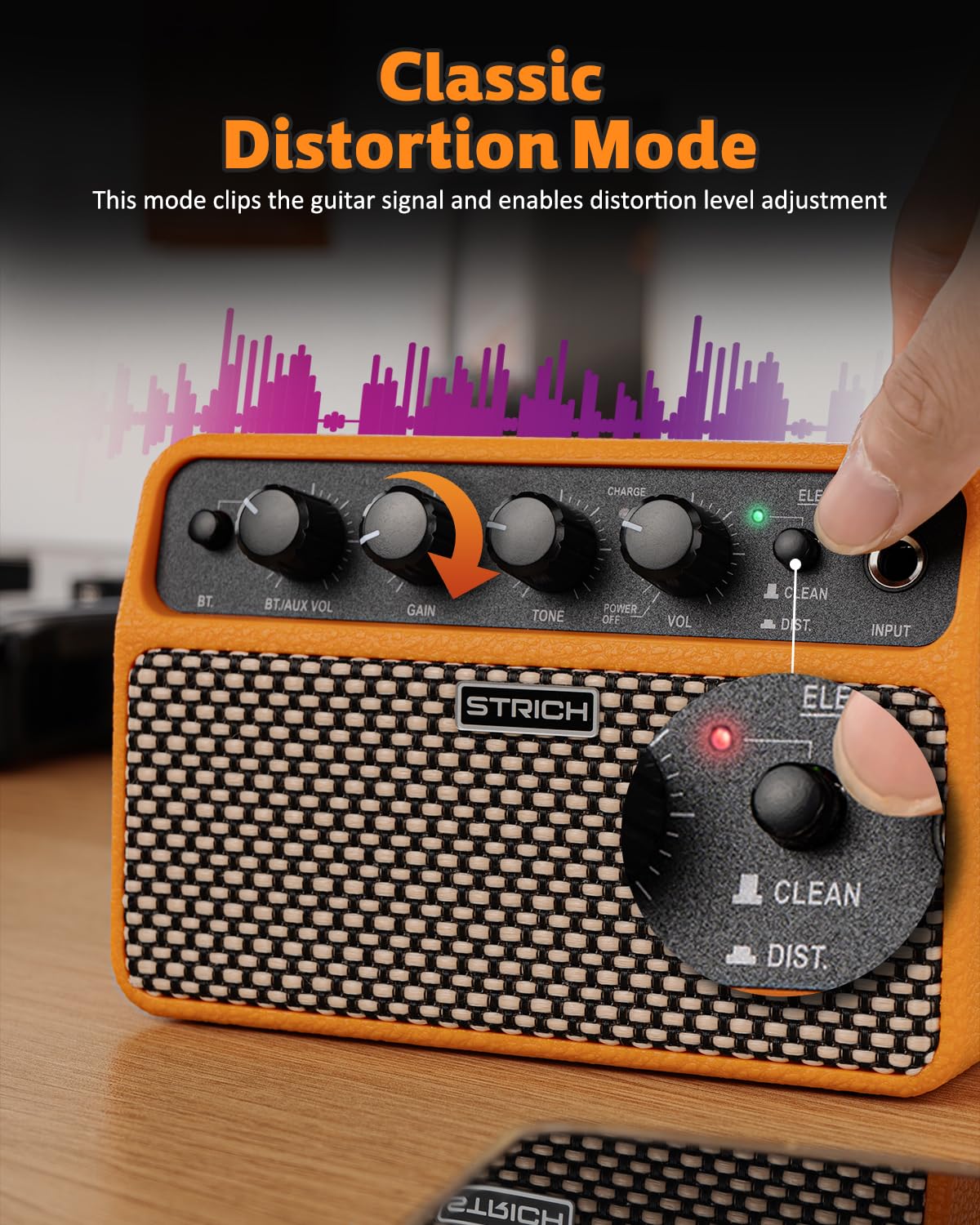 STRICH DSP Mini Electric Guitar Practice Amplifier, 2 x 5W Dual-Speaker Desktop Amp with Clean/Distortion, 3-4H Battery, 3.5mm Headphone Jack, Wireless Portable for Indoor Practice & Travel, Orange - Image 3