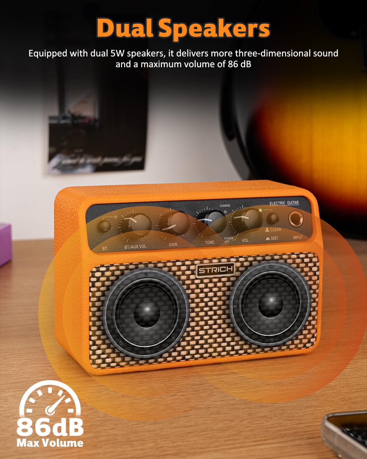 STRICH DSP Mini Electric Guitar Practice Amplifier, 2 x 5W Dual-Speaker Desktop Amp with Clean/Distortion, 3-4H Battery, 3.5mm Headphone Jack, Wireless Portable for Indoor Practice & Travel, Orange - Image 4