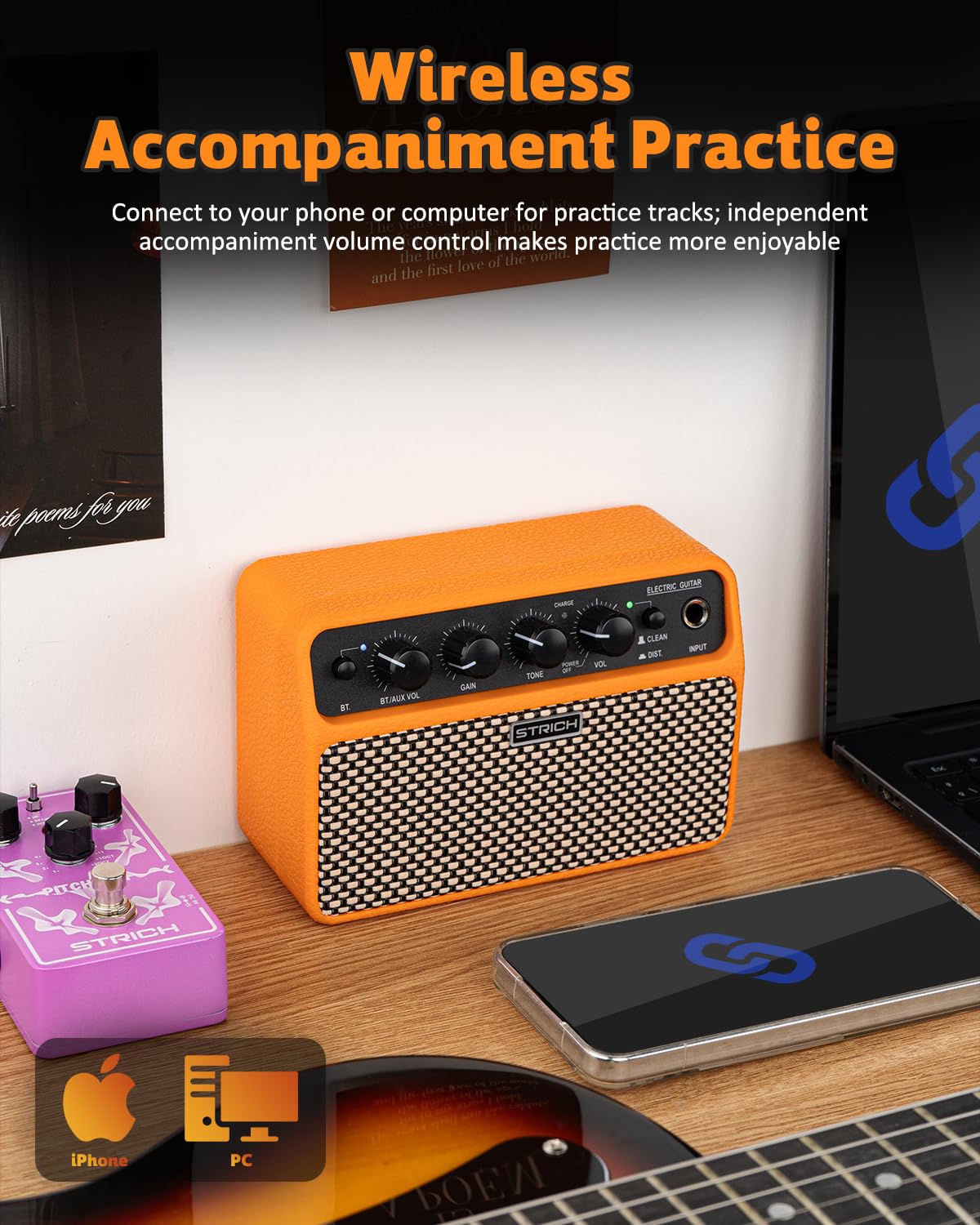 STRICH DSP Mini Electric Guitar Practice Amplifier, 2 x 5W Dual-Speaker Desktop Amp with Clean/Distortion, 3-4H Battery, 3.5mm Headphone Jack, Wireless Portable for Indoor Practice & Travel, Orange - Image 5