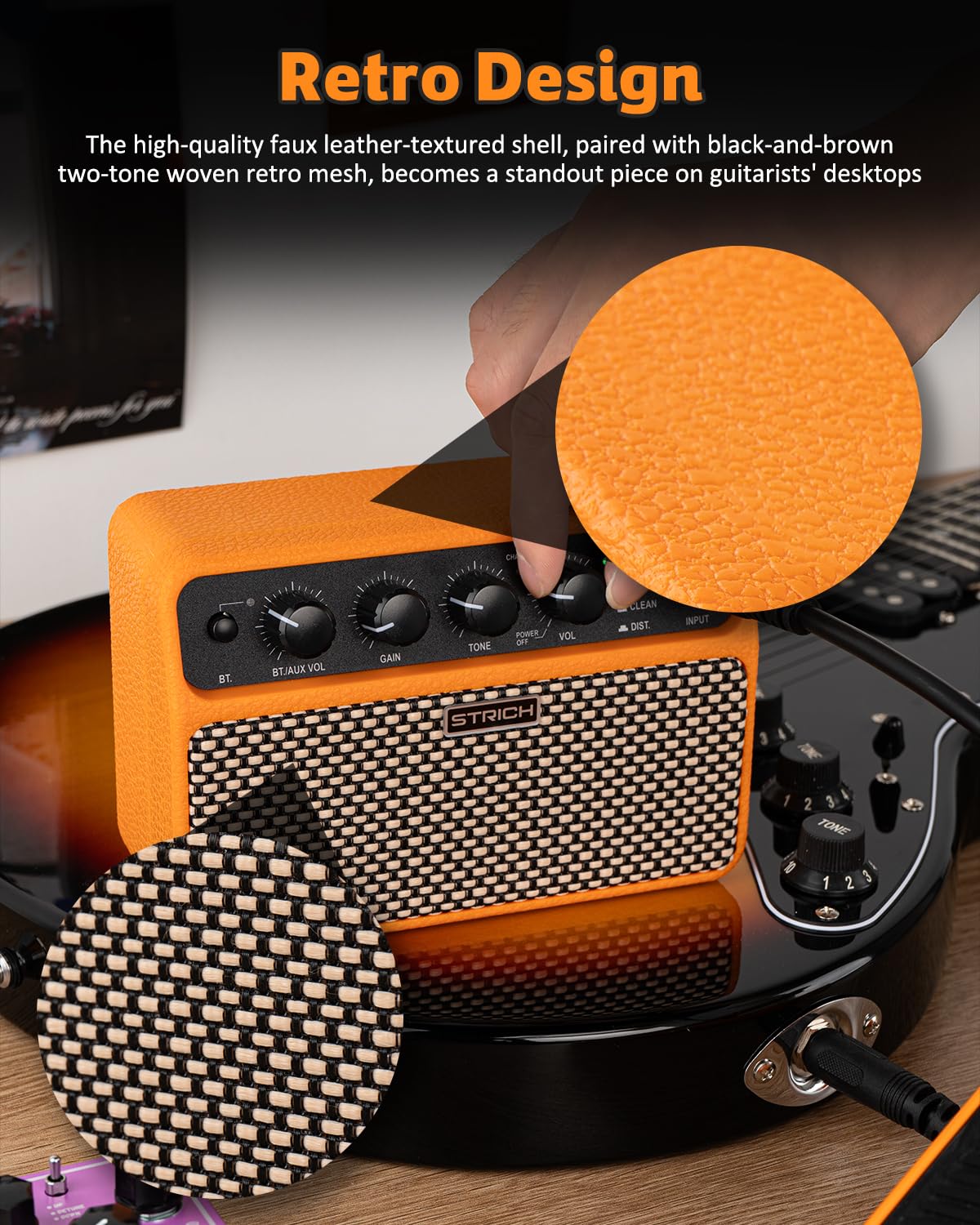 STRICH DSP Mini Electric Guitar Practice Amplifier, 2 x 5W Dual-Speaker Desktop Amp with Clean/Distortion, 3-4H Battery, 3.5mm Headphone Jack, Wireless Portable for Indoor Practice & Travel, Orange - Image 6