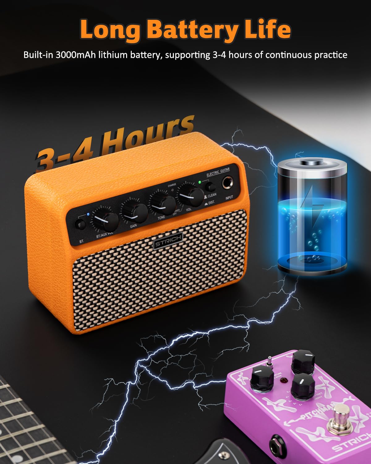 STRICH DSP Mini Electric Guitar Practice Amplifier, 2 x 5W Dual-Speaker Desktop Amp with Clean/Distortion, 3-4H Battery, 3.5mm Headphone Jack, Wireless Portable for Indoor Practice & Travel, Orange - Image 7