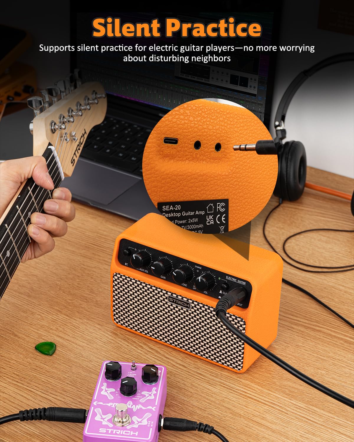 STRICH DSP Mini Electric Guitar Practice Amplifier, 2 x 5W Dual-Speaker Desktop Amp with Clean/Distortion, 3-4H Battery, 3.5mm Headphone Jack, Wireless Portable for Indoor Practice & Travel, Orange - Image 8