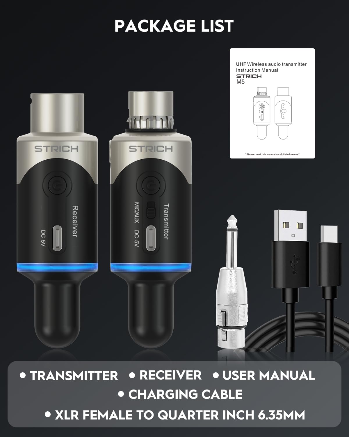 STRICH M5 UHF Wireless XLR Microphone System, 4-Channel Transmitter & Receiver for Dynamic Mic, 200ft Range, ＜1ms Latency, Compatible with Audio Mixer/PA Speaker - Image 5