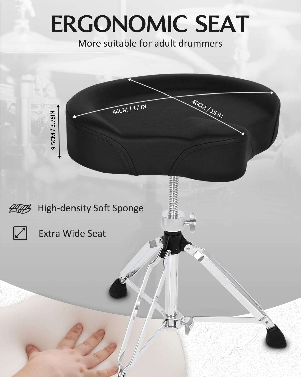STRICH Saddle Drum Throne Seat, Swivel Adjustable Padded Drum Stool, Heavy Duty Motorcycle Style Widened Drum Chair Guitar Stool with 5A Drumsticks, SDB-30 - Image 3