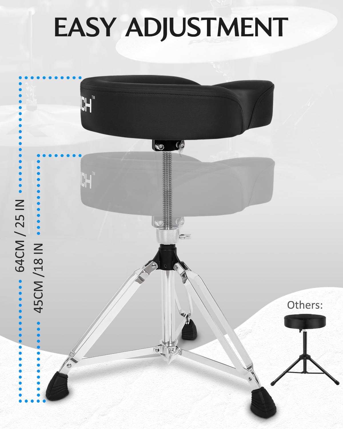 STRICH Saddle Drum Throne Seat, Swivel Adjustable Padded Drum Stool, Heavy Duty Motorcycle Style Widened Drum Chair Guitar Stool with 5A Drumsticks, SDB-30 - Image 4