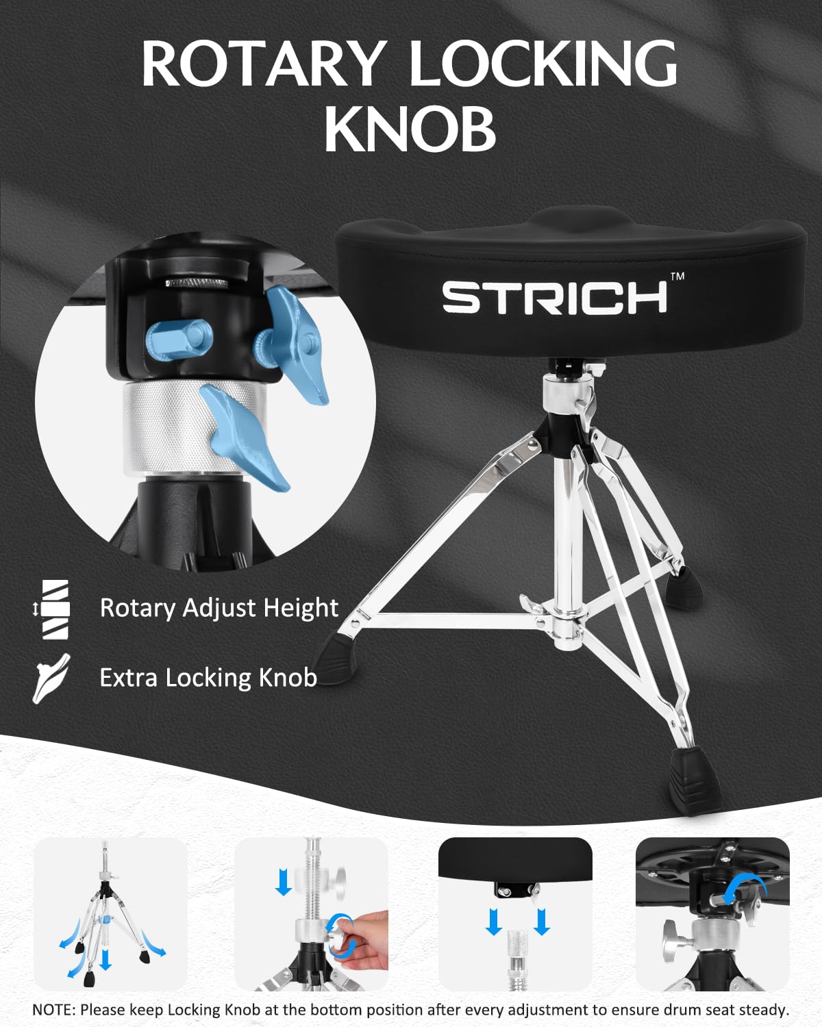 STRICH Saddle Drum Throne Seat, Swivel Adjustable Padded Drum Stool, Heavy Duty Motorcycle Style Widened Drum Chair Guitar Stool with 5A Drumsticks, SDB-30 - Image 6