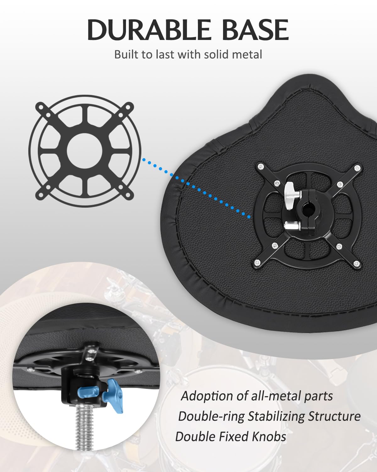 STRICH Saddle Drum Throne Seat, Swivel Adjustable Padded Drum Stool, Heavy Duty Motorcycle Style Widened Drum Chair Guitar Stool with 5A Drumsticks, SDB-30 - Image 7