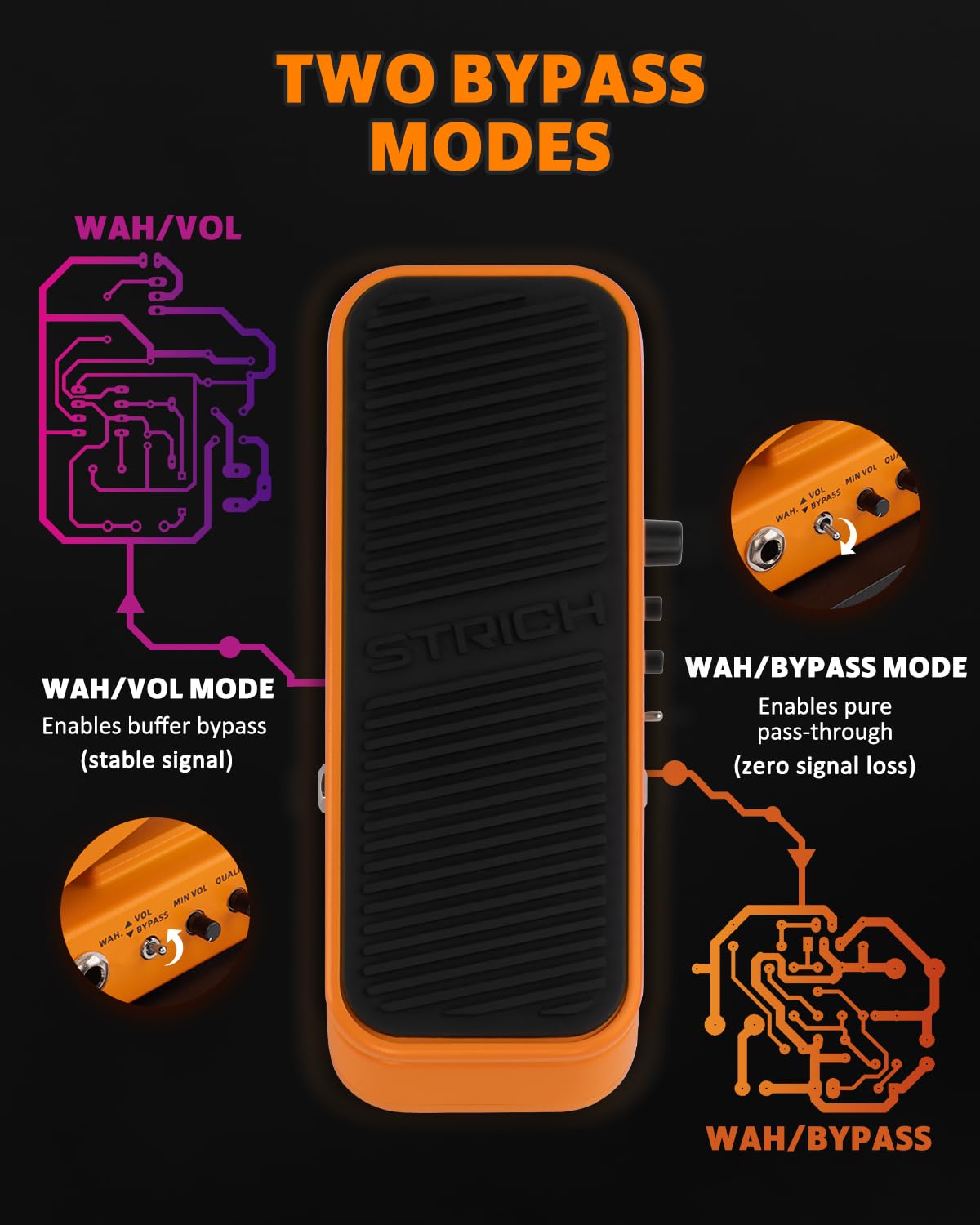 STRICH SW-2 Guitar Wah & Volume Pedal with a Power Supply, 2 in 1 Combo Effects Pedal for Electric Guitar, Vintage Wah Tone with Active Volume Control, Full-Size Lightweight Design - Image 7