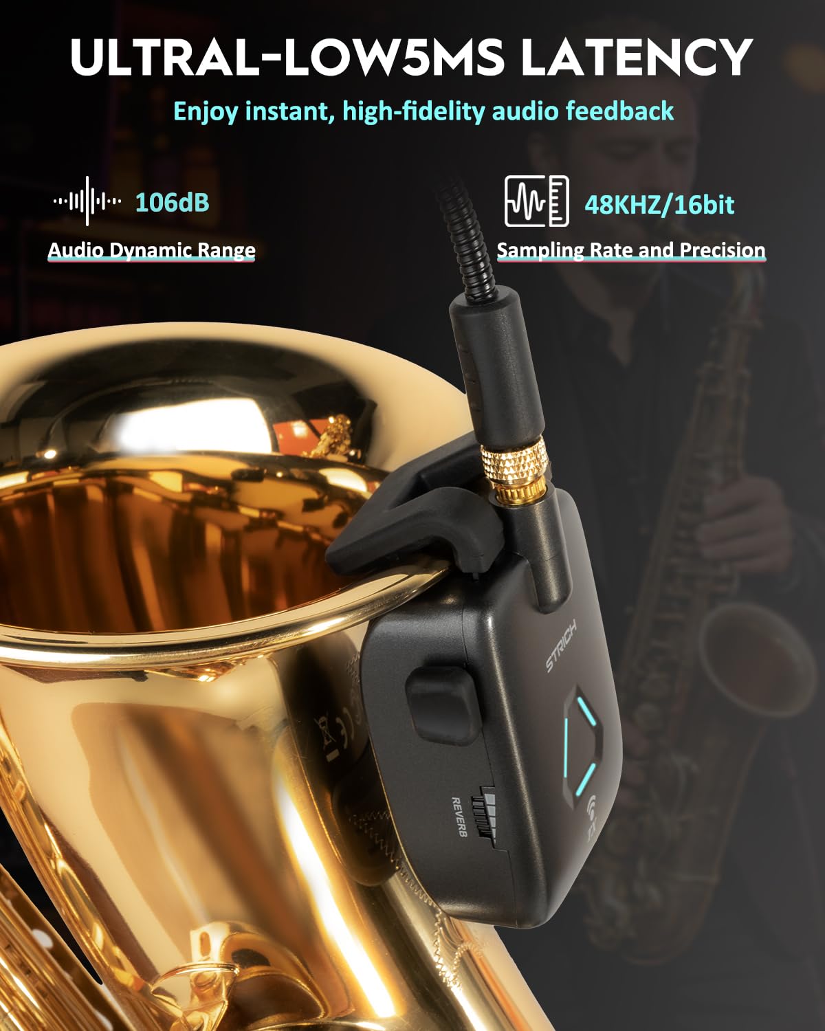 STRICH UHF Rechargeable Wireless Instrument Microphone System with Clip-on Transmitter & Receiver, 99ft Range, Reverb OTG Recording, for Trumpet, Trombone, Saxophone & Brass Instruments - Image 3