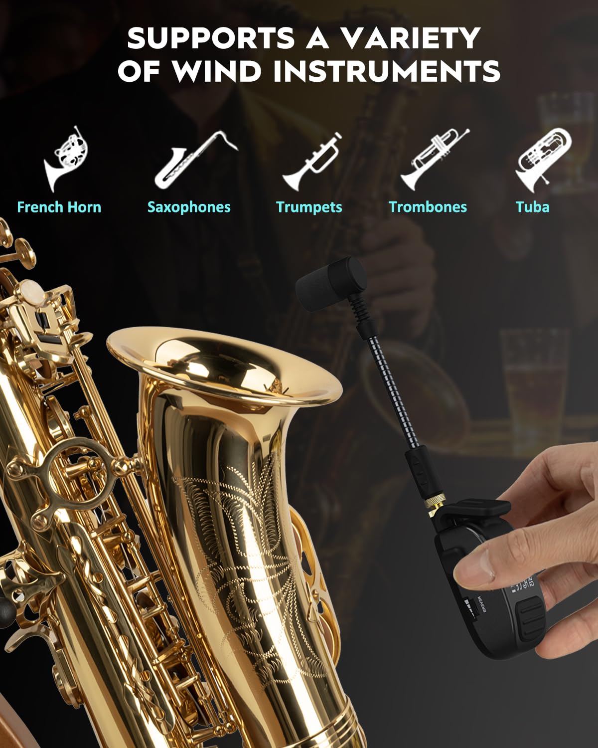 STRICH UHF Rechargeable Wireless Instrument Microphone System with Clip-on Transmitter & Receiver, 99ft Range, Reverb OTG Recording, for Trumpet, Trombone, Saxophone & Brass Instruments - Image 4