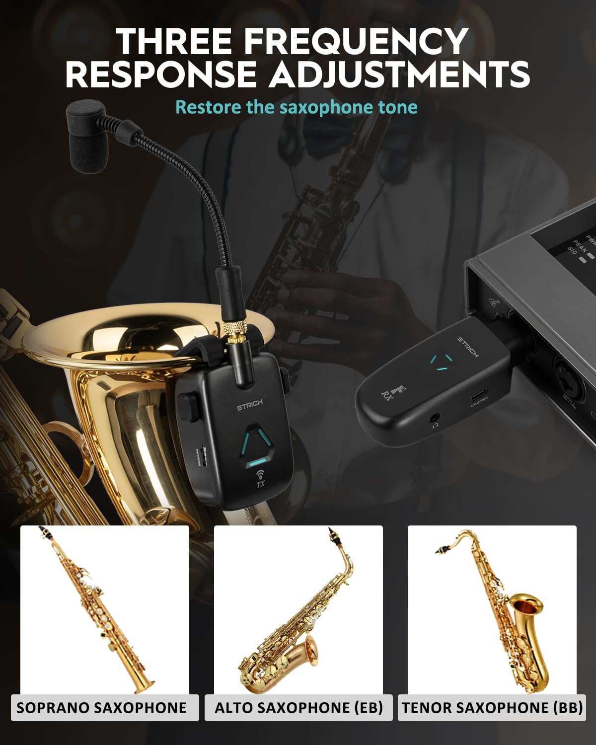 STRICH UHF Rechargeable Wireless Instrument Microphone System with Clip-on Transmitter & Receiver, 99ft Range, Reverb OTG Recording, for Trumpet, Trombone, Saxophone & Brass Instruments - Image 5