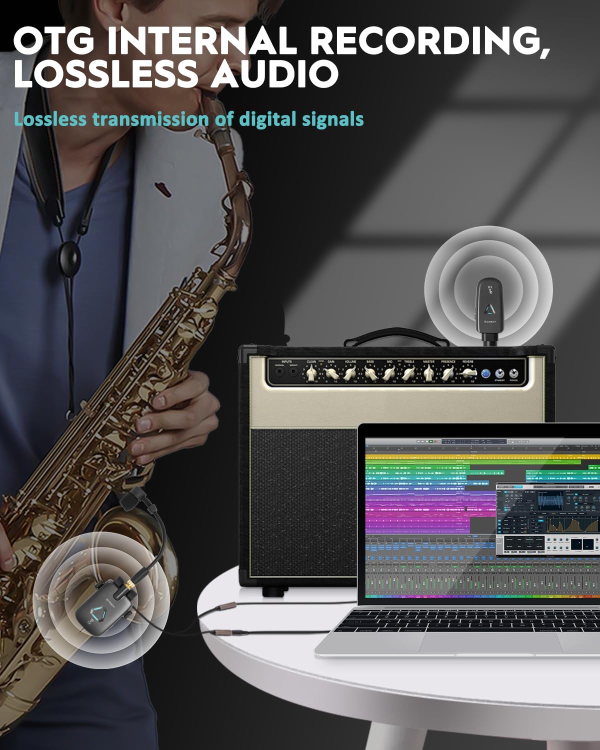 STRICH UHF Rechargeable Wireless Instrument Microphone System with Clip-on Transmitter & Receiver, 99ft Range, Reverb OTG Recording, for Trumpet, Trombone, Saxophone & Brass Instruments - Image 7