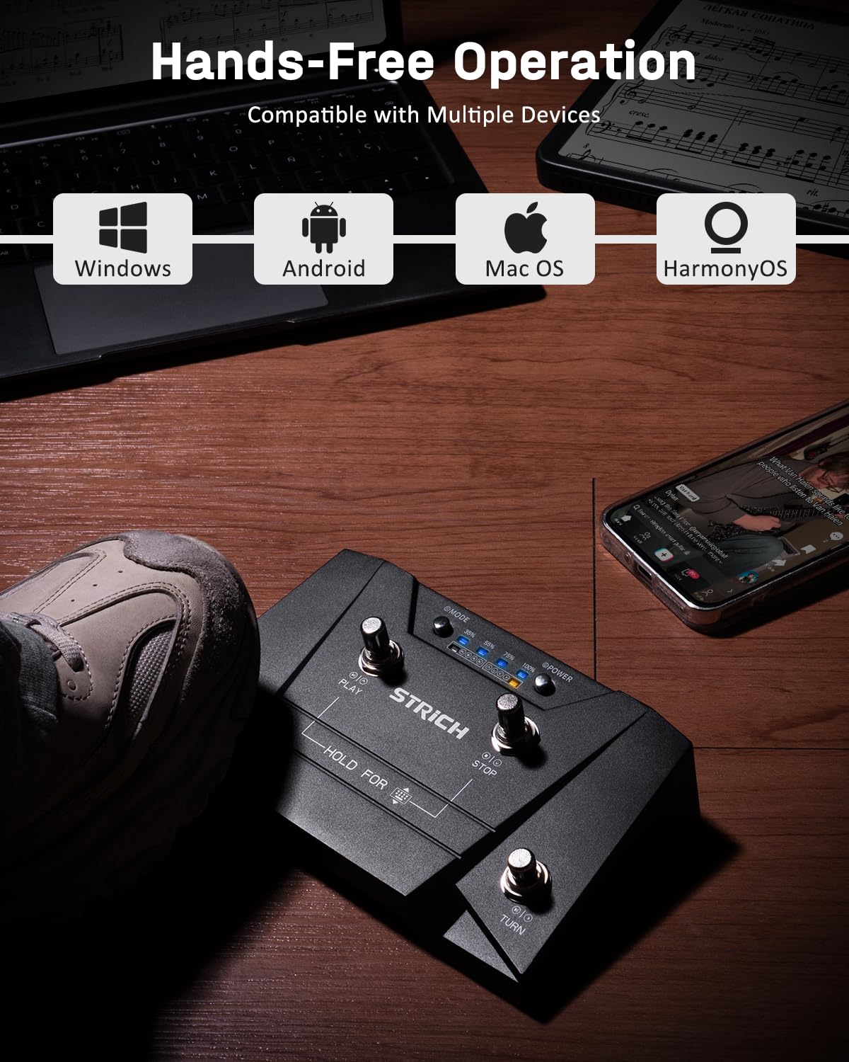 STRICH Wireless Page Turning Pedal 3.0 for Rock Musician, Compatible with Windows, Android, macOS HarmonyOS, with Type-C Charging Port, Supports for Tablets and Computers, Non-silent Pedal, SPT-30 - Image 6