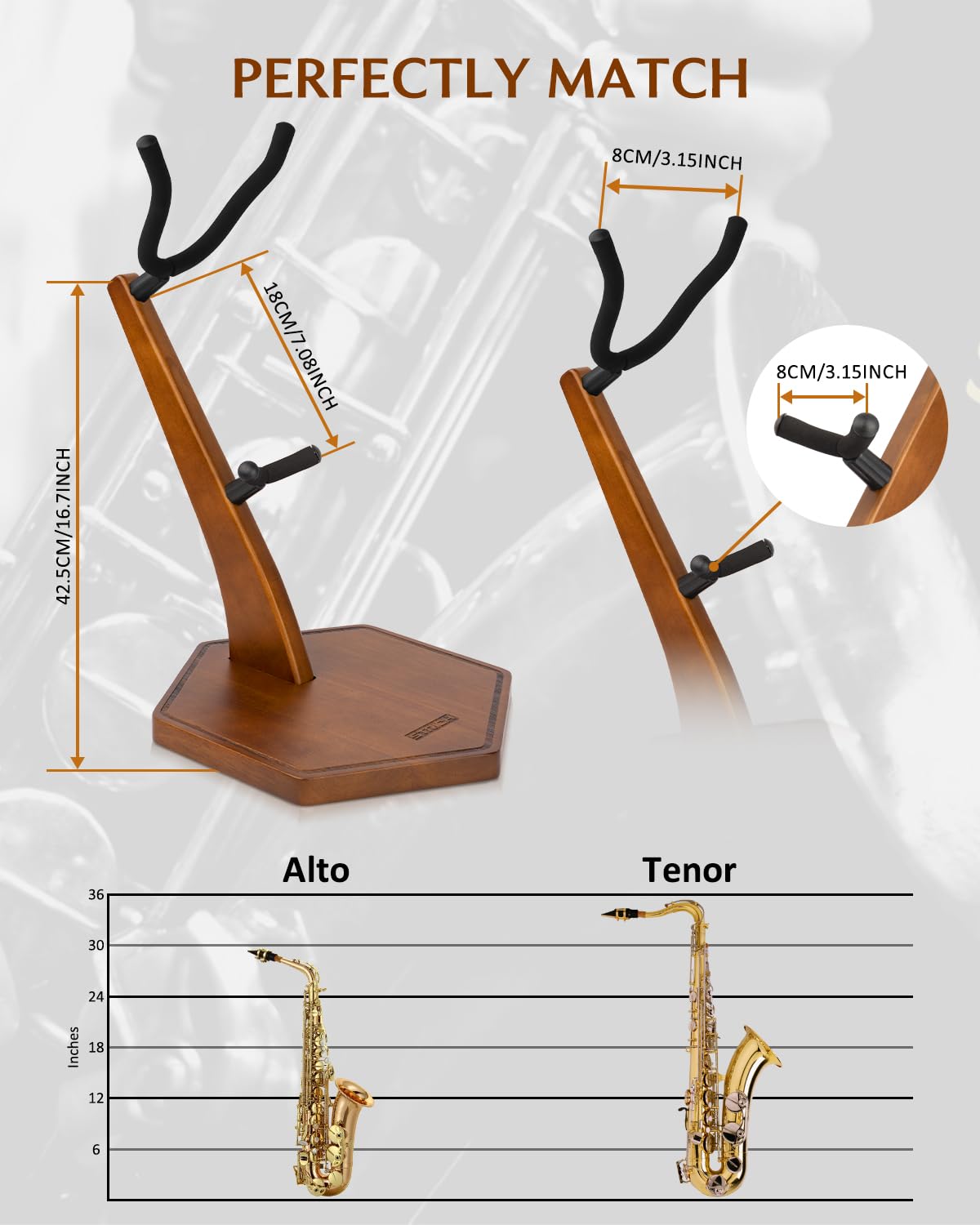 STRICH Wooden Saxophone Stand Display For Alto Tenor Sax, Handmade Solid Wood Floor Stand Holder Colour Walnut, Weighted Heavy Base (FH-4, Sax) - Image 4