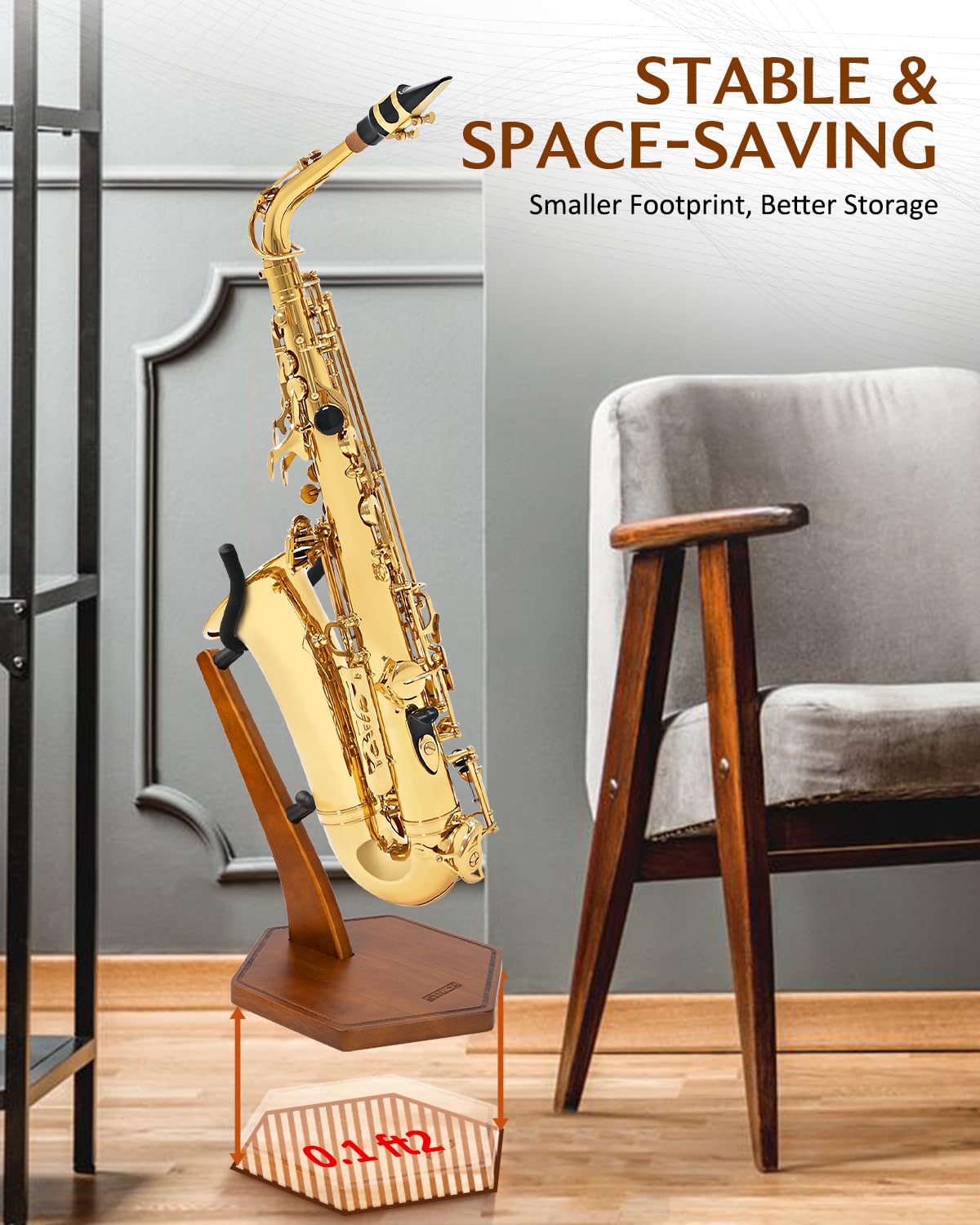 STRICH Wooden Saxophone Stand Display For Alto Tenor Sax, Handmade Solid Wood Floor Stand Holder Colour Walnut, Weighted Heavy Base (FH-4, Sax) - Image 5