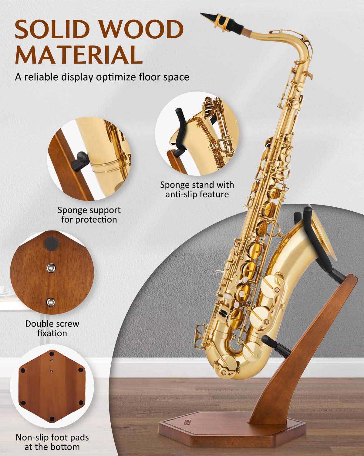 STRICH Wooden Saxophone Stand Display For Alto Tenor Sax, Handmade Solid Wood Floor Stand Holder Colour Walnut, Weighted Heavy Base (FH-4, Sax) - Image 6