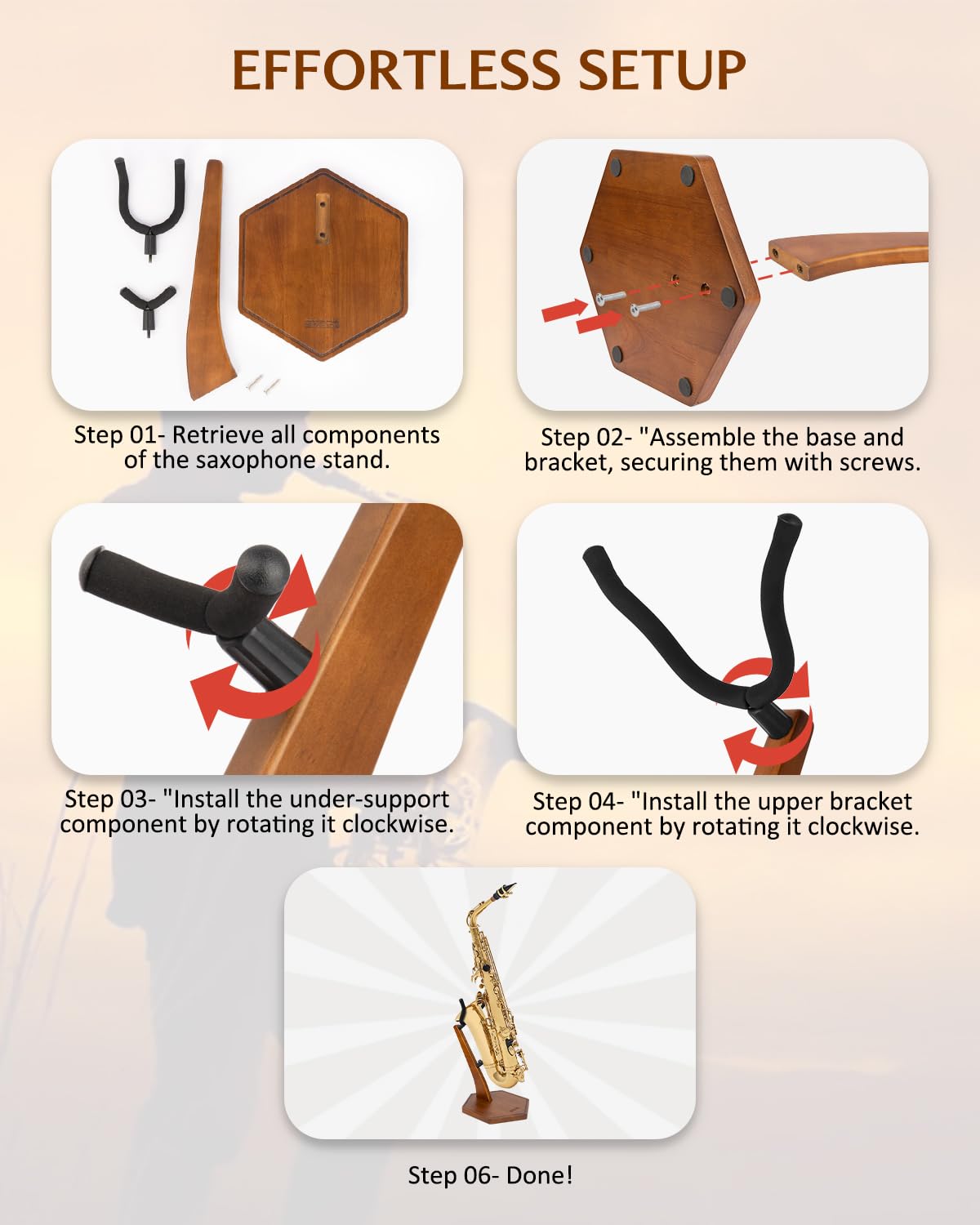 STRICH Wooden Saxophone Stand Display For Alto Tenor Sax, Handmade Solid Wood Floor Stand Holder Colour Walnut, Weighted Heavy Base (FH-4, Sax) - Image 7