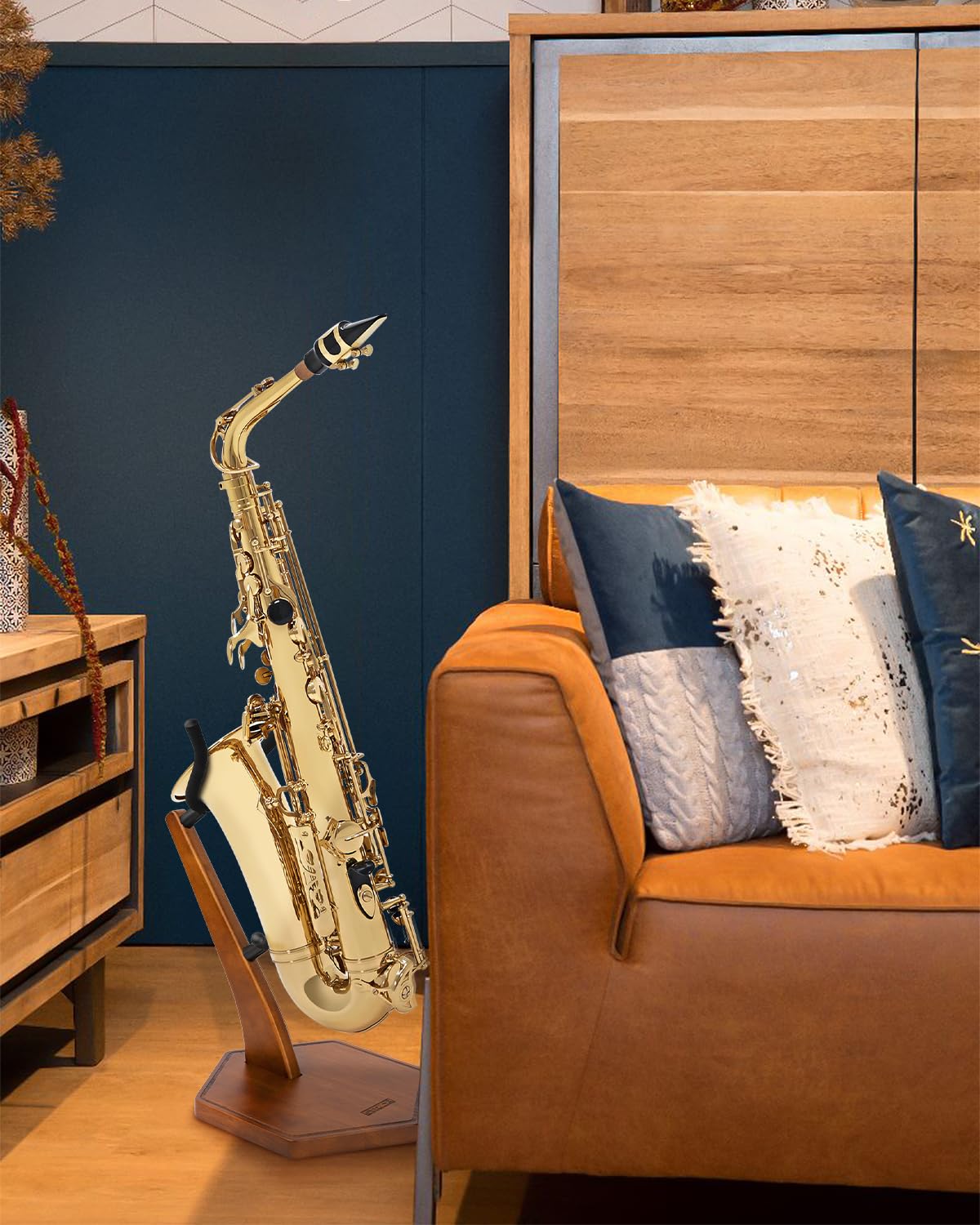 STRICH Wooden Saxophone Stand Display For Alto Tenor Sax, Handmade Solid Wood Floor Stand Holder Colour Walnut, Weighted Heavy Base (FH-4, Sax) - Image 8