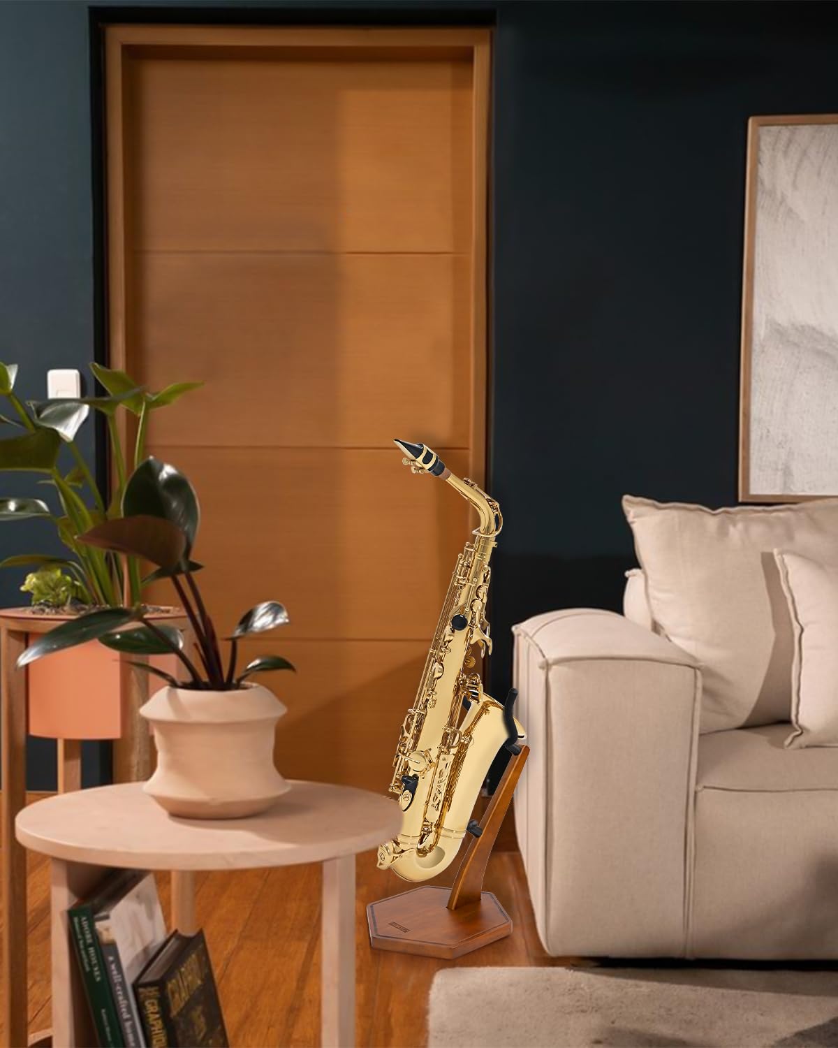 STRICH Wooden Saxophone Stand Display For Alto Tenor Sax, Handmade Solid Wood Floor Stand Holder Colour Walnut, Weighted Heavy Base (FH-4, Sax) - Image 9